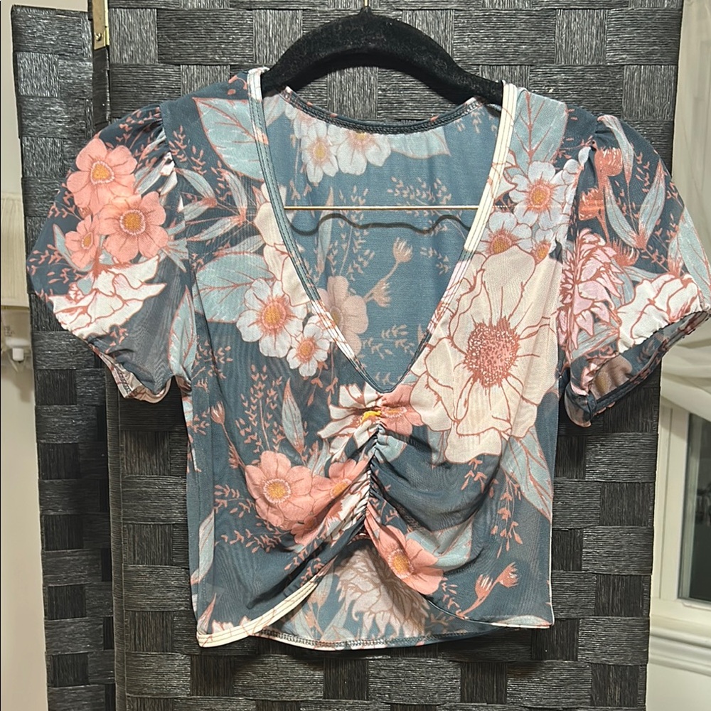 Floral Women's Top with Pink and Blue Design